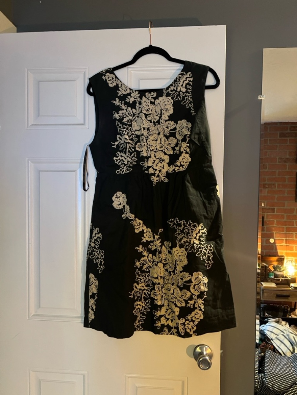 J. Crew Black Mini Dress with Cream Floral Embroidery